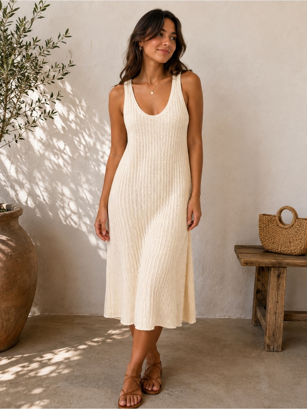 Simons Cream Knit Crochet Midi Dress Coastal Minimalist Sleeveless Dress